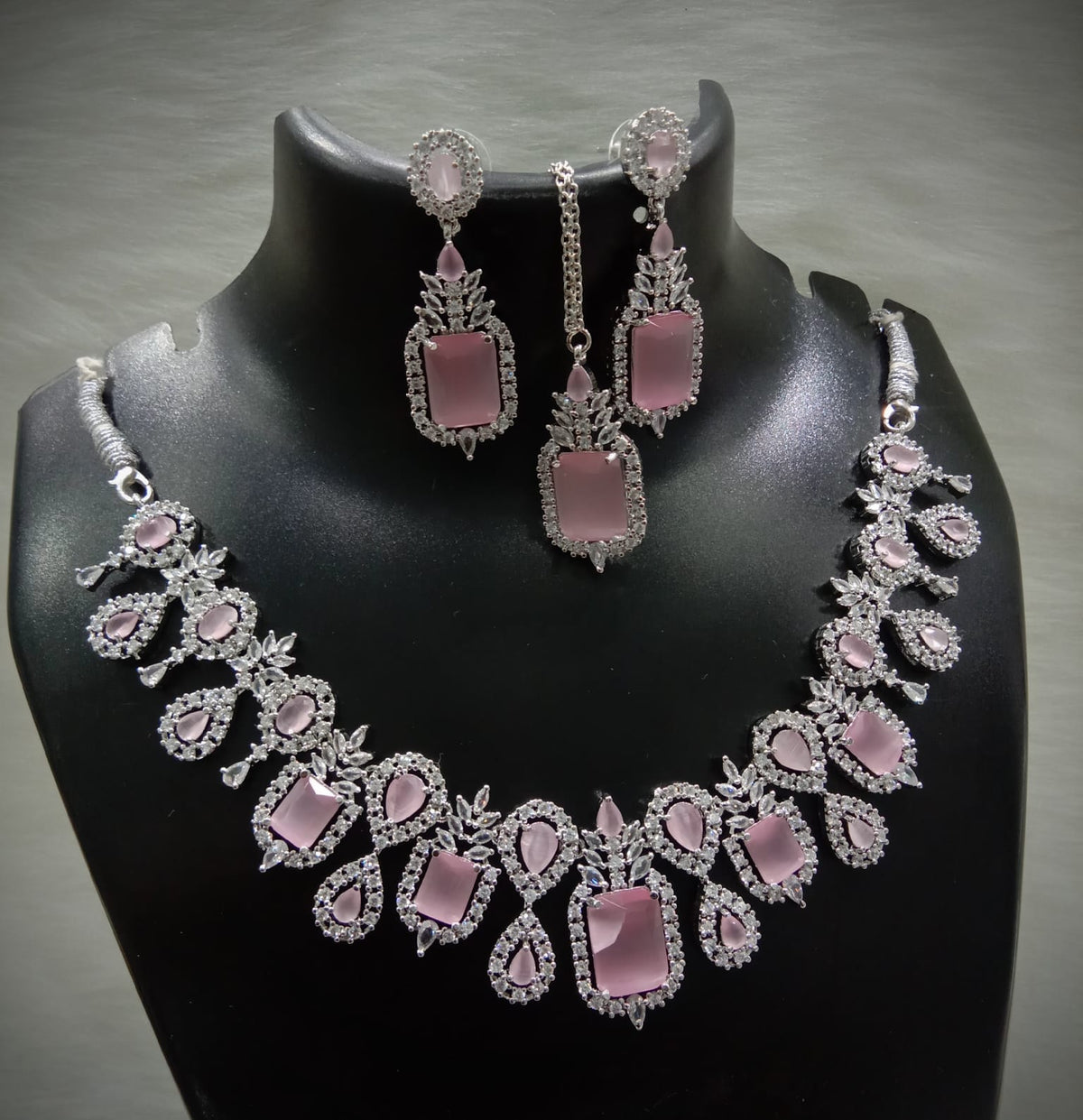 Square Shaped American Diamond Necklace Earrings Mangtikka Set For Wedding - AD Indian Jewelry Set - Libasaa.com
