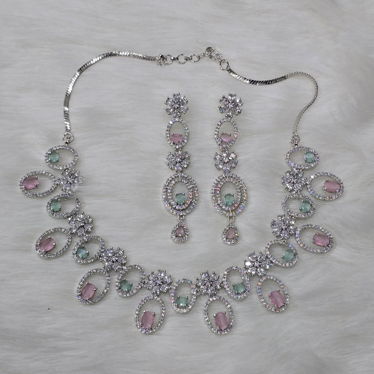 Pakistani Silver Finish CZ Choker Earrings Set For Wedding - Libasaa.com