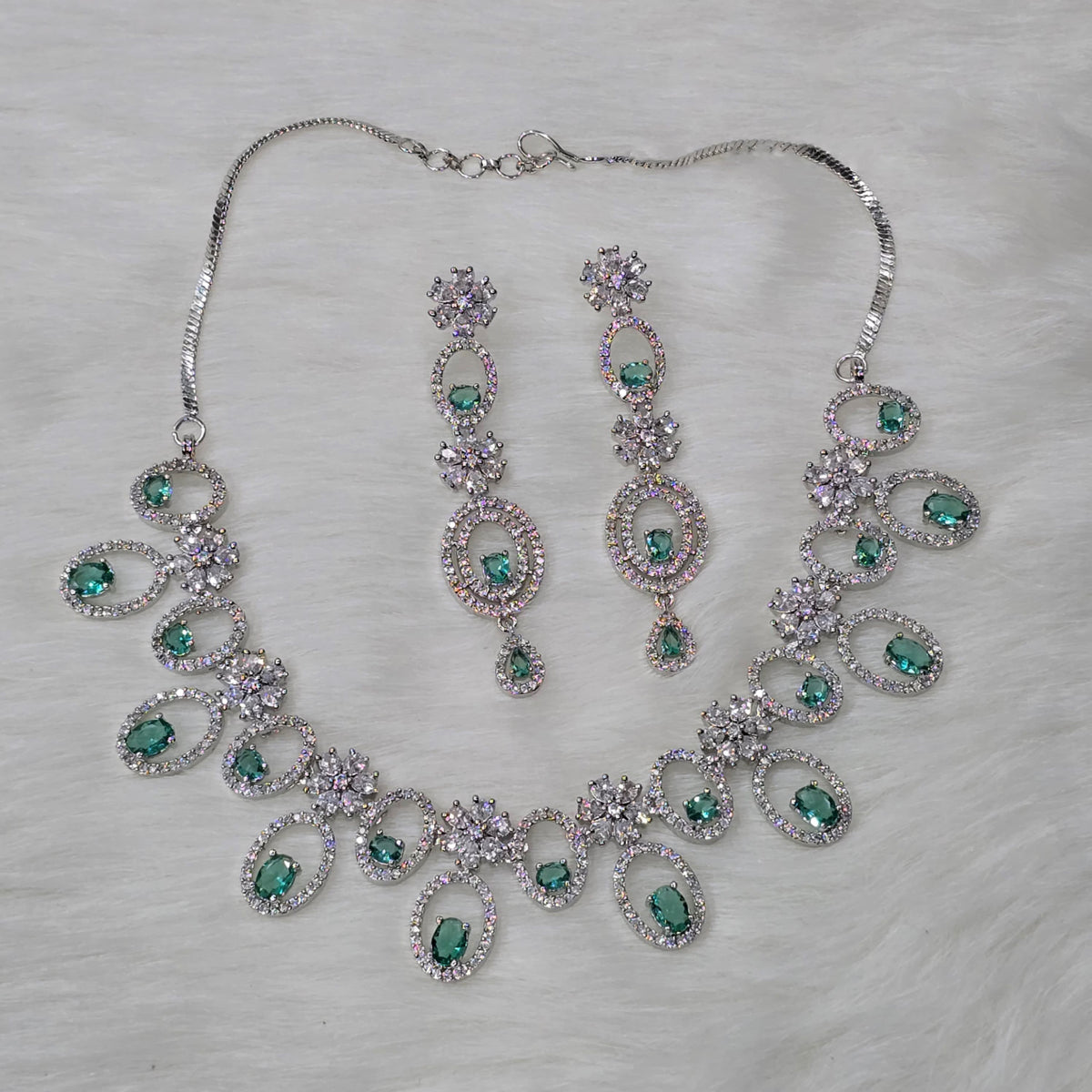Pakistani Silver Finish CZ Choker Earrings Set For Wedding - Libasaa.com
