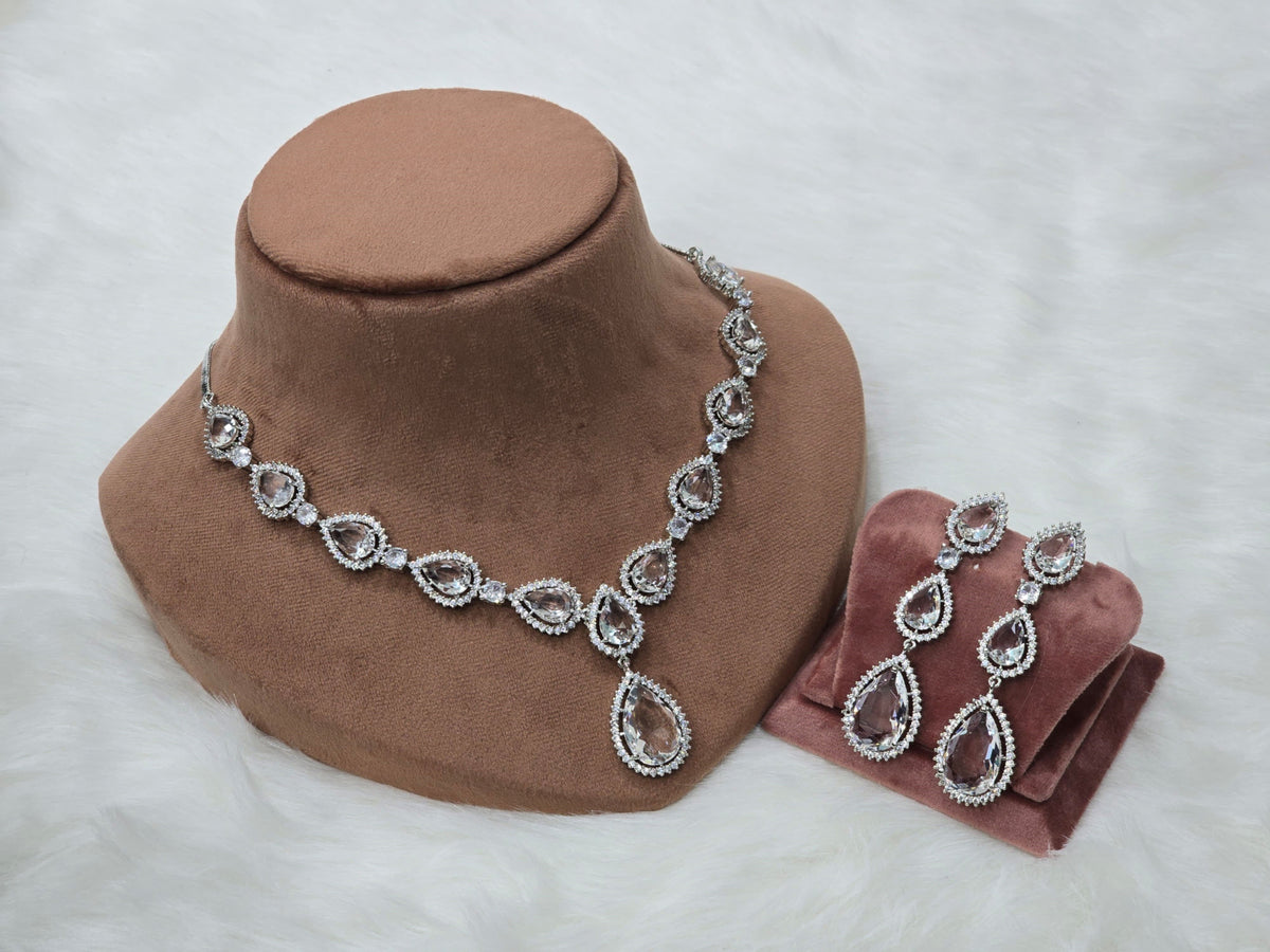 Teardrop American Diamond Necklace Earrings Set For Wedding - AD indian Jewelry Set - Libasaa.com