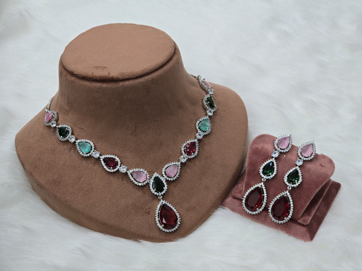 Teardrop American Diamond Necklace Earrings Set For Wedding - AD indian Jewelry Set - Libasaa.com