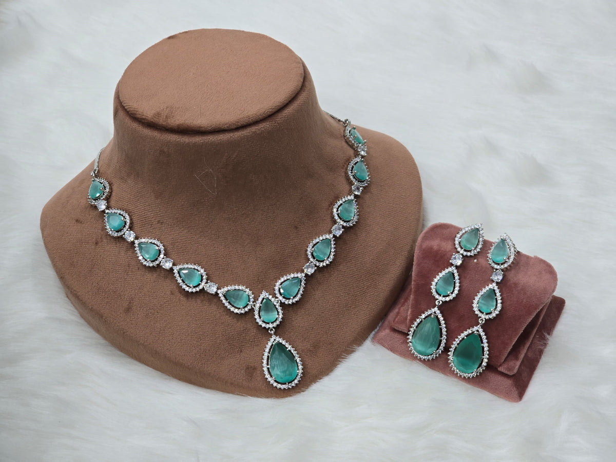 Teardrop American Diamond Necklace Earrings Set For Wedding - AD indian Jewelry Set - Libasaa.com