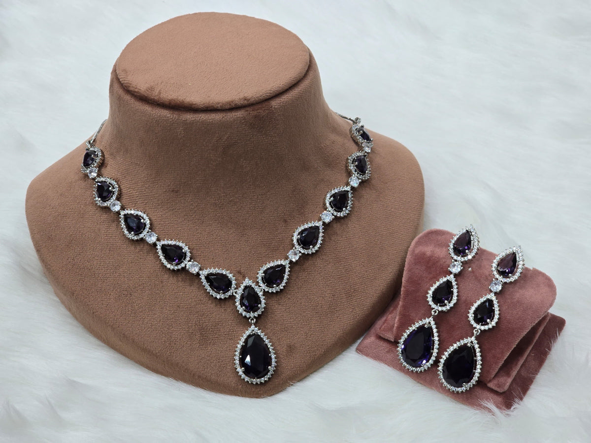 Teardrop American Diamond Necklace Earrings Set For Wedding - AD indian Jewelry Set - Libasaa.com