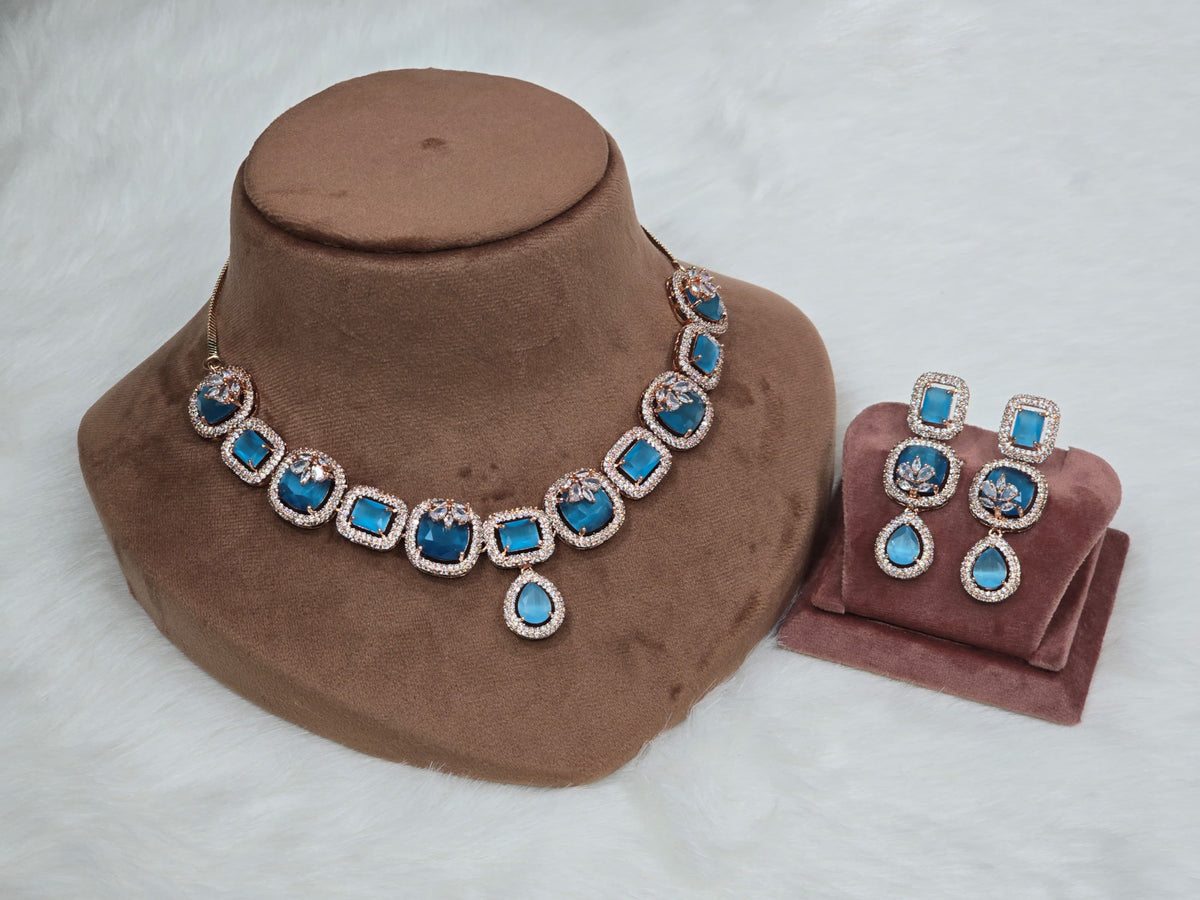 Jaipuri Gold Plated AD Choker Earrings Set For Wedding - Libasaa.com