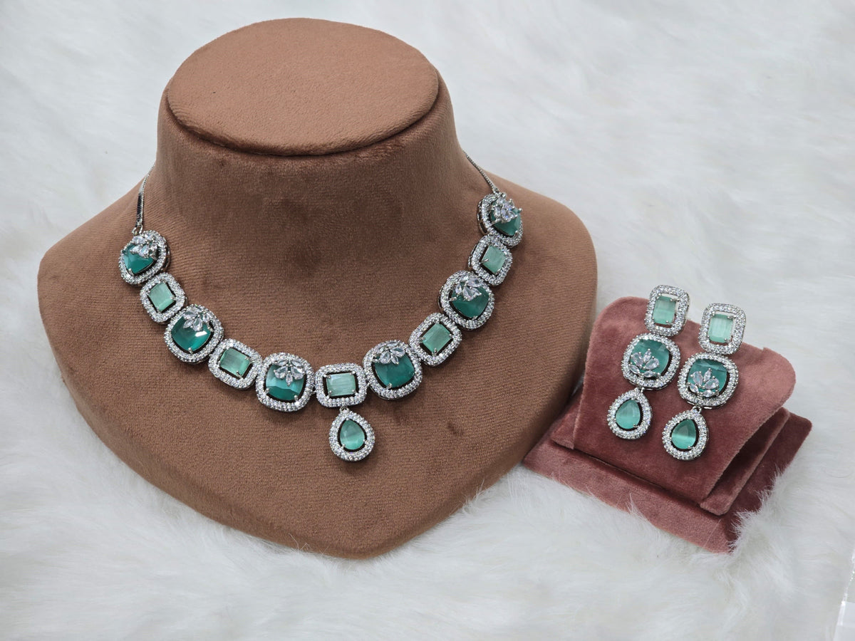 Jaipuri Gold Plated AD Choker Earrings Set For Wedding - Libasaa.com