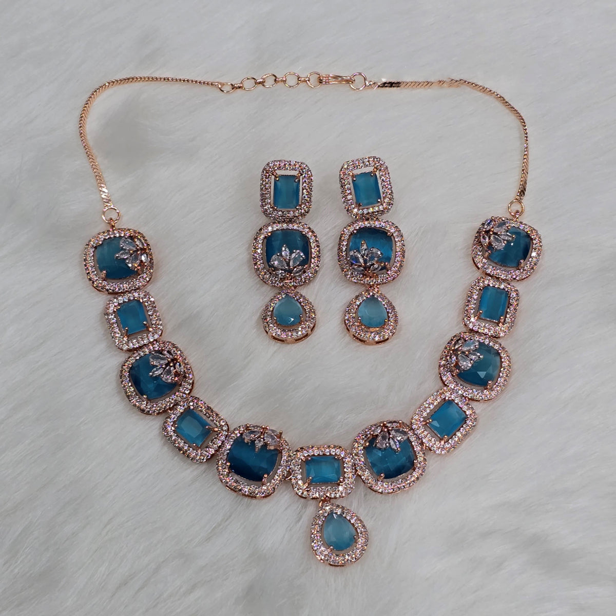 Jaipuri Gold Plated AD Choker Earrings Set For Wedding - Libasaa.com