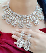 Indian Silver Tone Floral AD Choke Earrings Set - Floral AD Jewelry Set - Libasaa.com