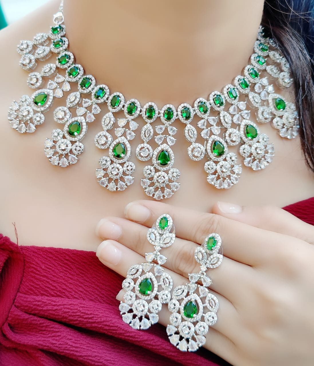 Indian Silver Tone Floral AD Choke Earrings Set - Floral AD Jewelry Set - Libasaa.com