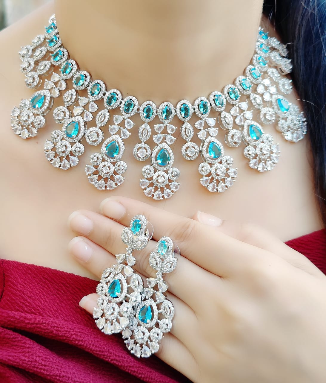 Indian Silver Tone Floral AD Choke Earrings Set - Floral AD Jewelry Set - Libasaa.com