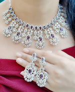 Indian Silver Tone Floral AD Choke Earrings Set - Floral AD Jewelry Set - Libasaa.com