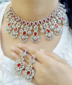 Indian Silver Tone Floral AD Choke Earrings Set - Floral AD Jewelry Set - Libasaa.com