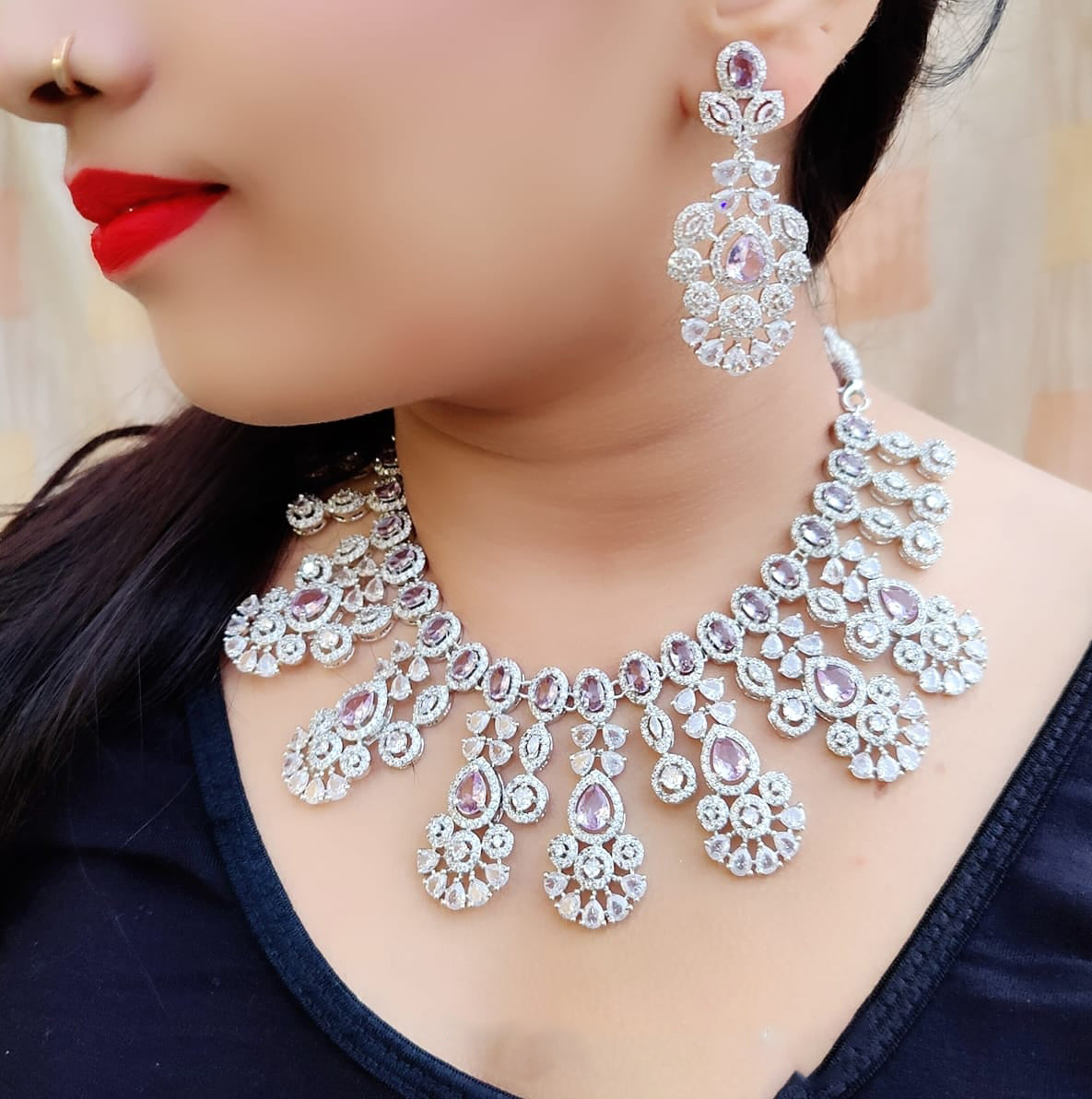 Indian Silver Tone Floral AD Choke Earrings Set - Floral AD Jewelry Set - Libasaa.com