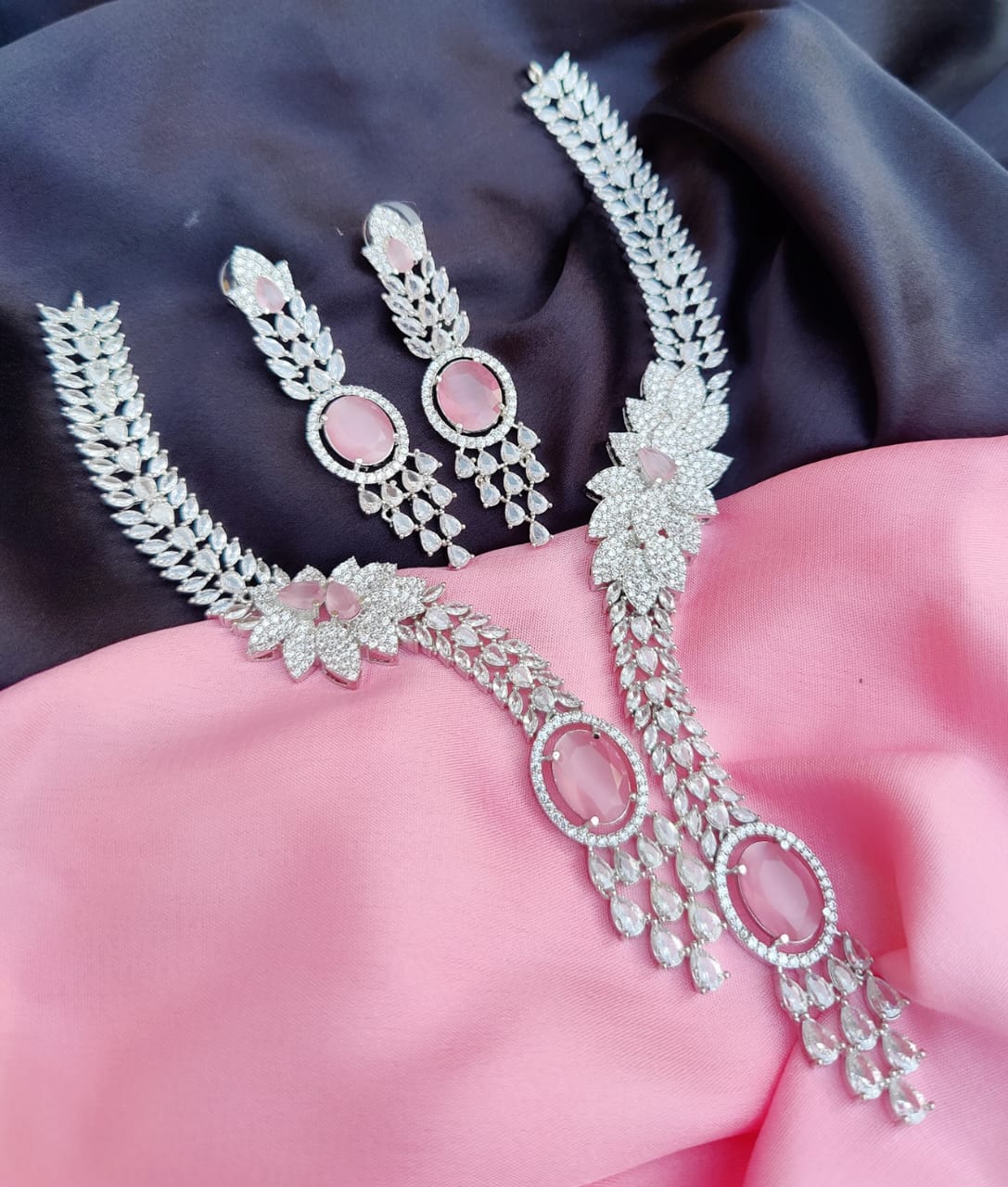 Rajsthani Flower Design American Diamond Neckace Earrings Set - Rajsthani AD Jewelry Set - Libasaa.com