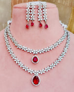 Indian Double Layered Silver Finish AD Choker Earrings Set - Libasaa.com