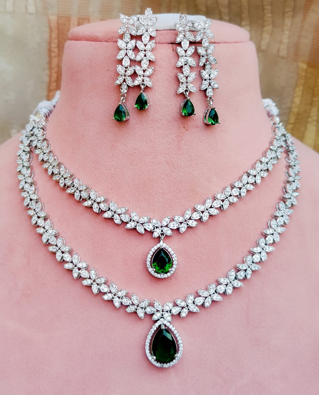 Indian Double Layered Silver Finish AD Choker Earrings Set - Libasaa.com