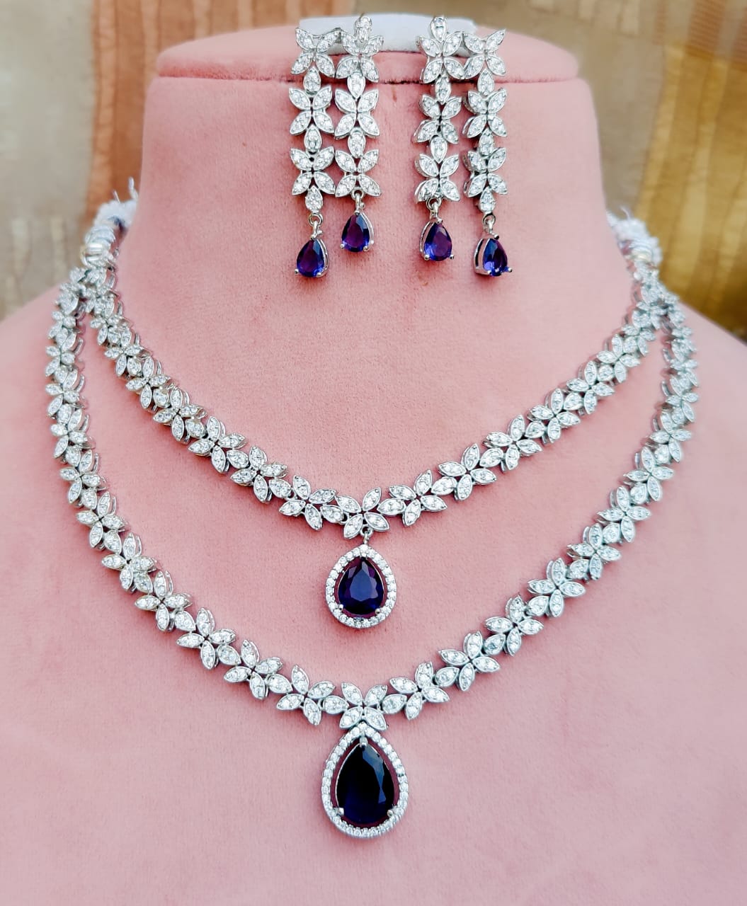 Indian Double Layered Silver Finish AD Choker Earrings Set - Libasaa.com