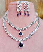 Indian Double Layered Silver Finish AD Choker Earrings Set - Libasaa.com