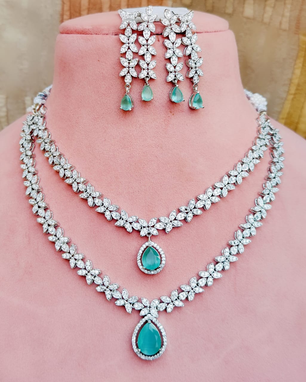 Indian Double Layered Silver Finish AD Choker Earrings Set - Libasaa.com