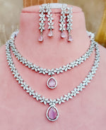 Indian Double Layered Silver Finish AD Choker Earrings Set - Libasaa.com
