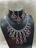 Multi Layered Silver Finish CZ Necklace Earrings Mangtika Set - CZ Floral Necklace Set - Libasaa.com