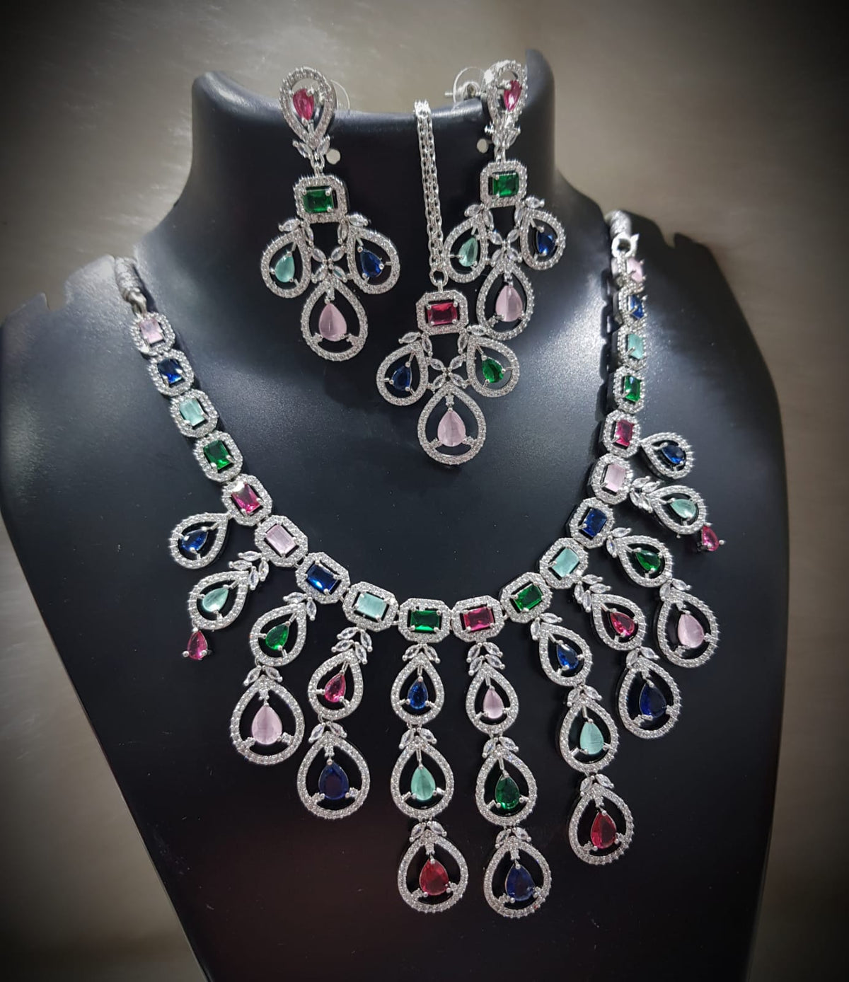 Multi Layered Silver Finish CZ Necklace Earrings Mangtika Set - CZ Floral Necklace Set - Libasaa.com