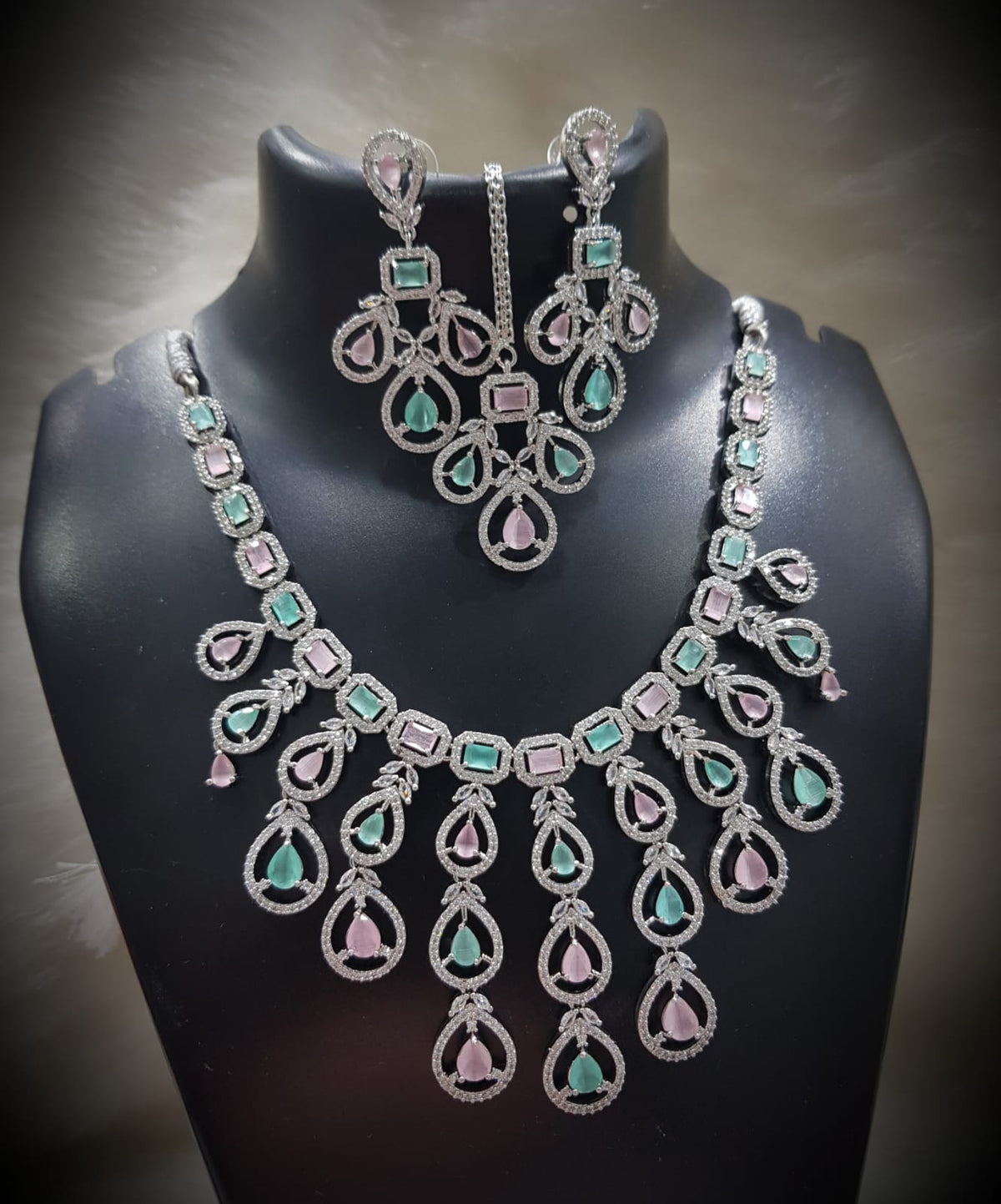 Multi Layered Silver Finish CZ Necklace Earrings Mangtika Set - CZ Floral Necklace Set - Libasaa.com