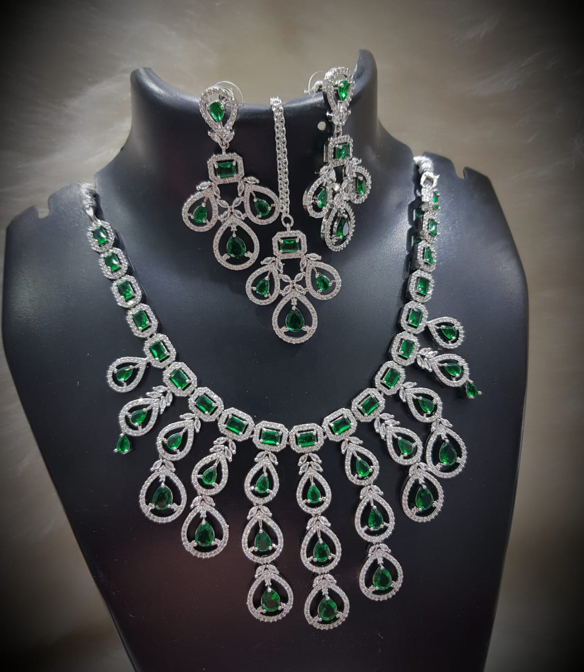 Multi Layered Silver Finish CZ Necklace Earrings Mangtika Set - CZ Floral Necklace Set - Libasaa.com