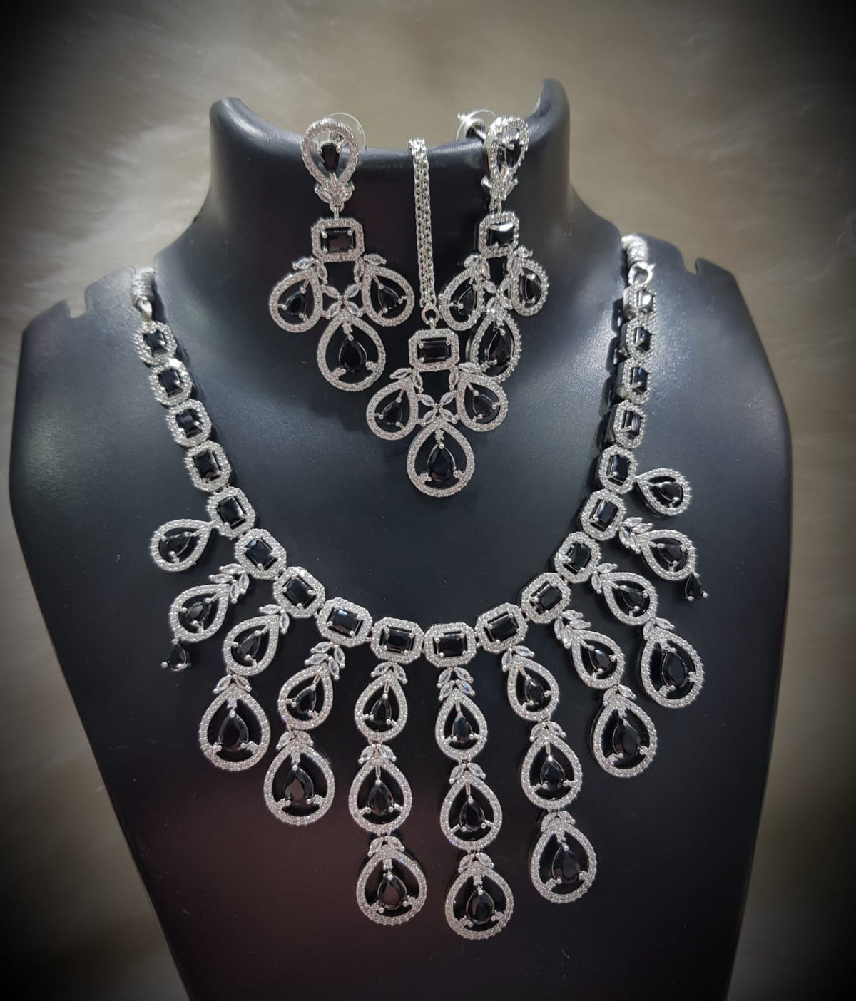 Multi Layered Silver Finish CZ Necklace Earrings Mangtika Set - CZ Floral Necklace Set - Libasaa.com