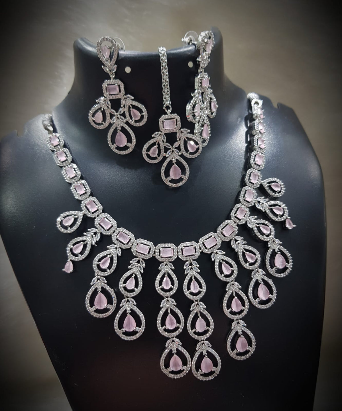 Multi Layered Silver Finish CZ Necklace Earrings Mangtika Set - CZ Floral Necklace Set - Libasaa.com