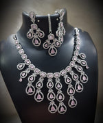 Multi Layered Silver Finish CZ Necklace Earrings Mangtika Set - CZ Floral Necklace Set - Libasaa.com