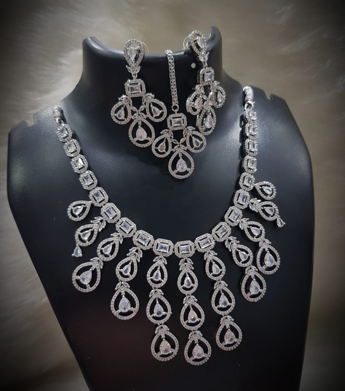 Multi Layered Silver Finish CZ Necklace Earrings Mangtika Set - CZ Floral Necklace Set - Libasaa.com