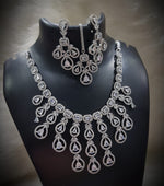 Multi Layered Silver Finish CZ Necklace Earrings Mangtika Set - CZ Floral Necklace Set - Libasaa.com
