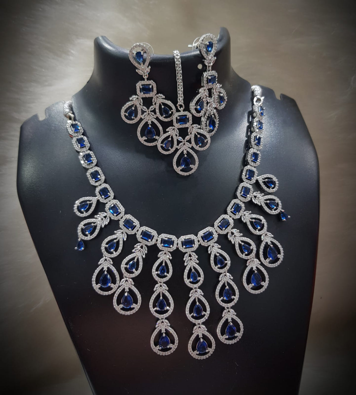 Multi Layered Silver Finish CZ Necklace Earrings Mangtika Set - CZ Floral Necklace Set - Libasaa.com
