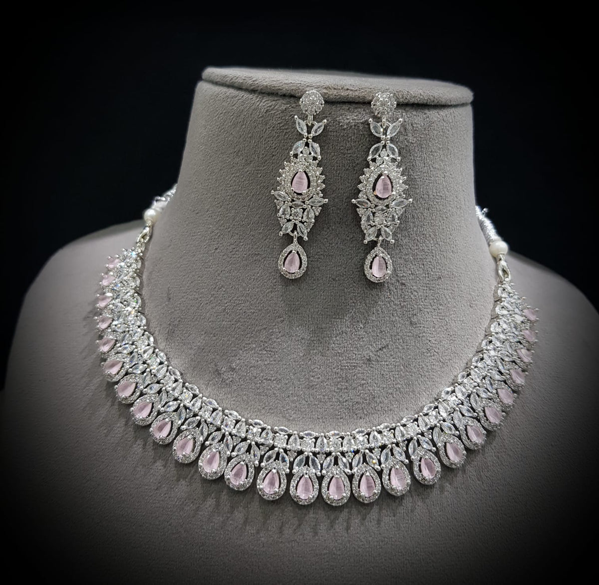 Punjabi Silver Plated CZ Choker Earrings Set - CZ Jewelry Set - Libasaa.com