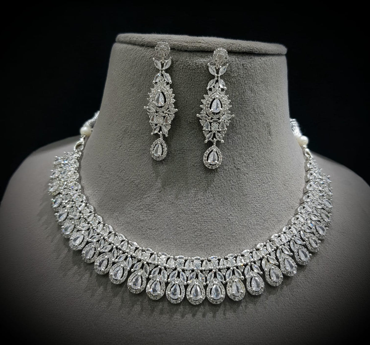 Punjabi Silver Plated CZ Choker Earrings Set - CZ Jewelry Set - Libasaa.com
