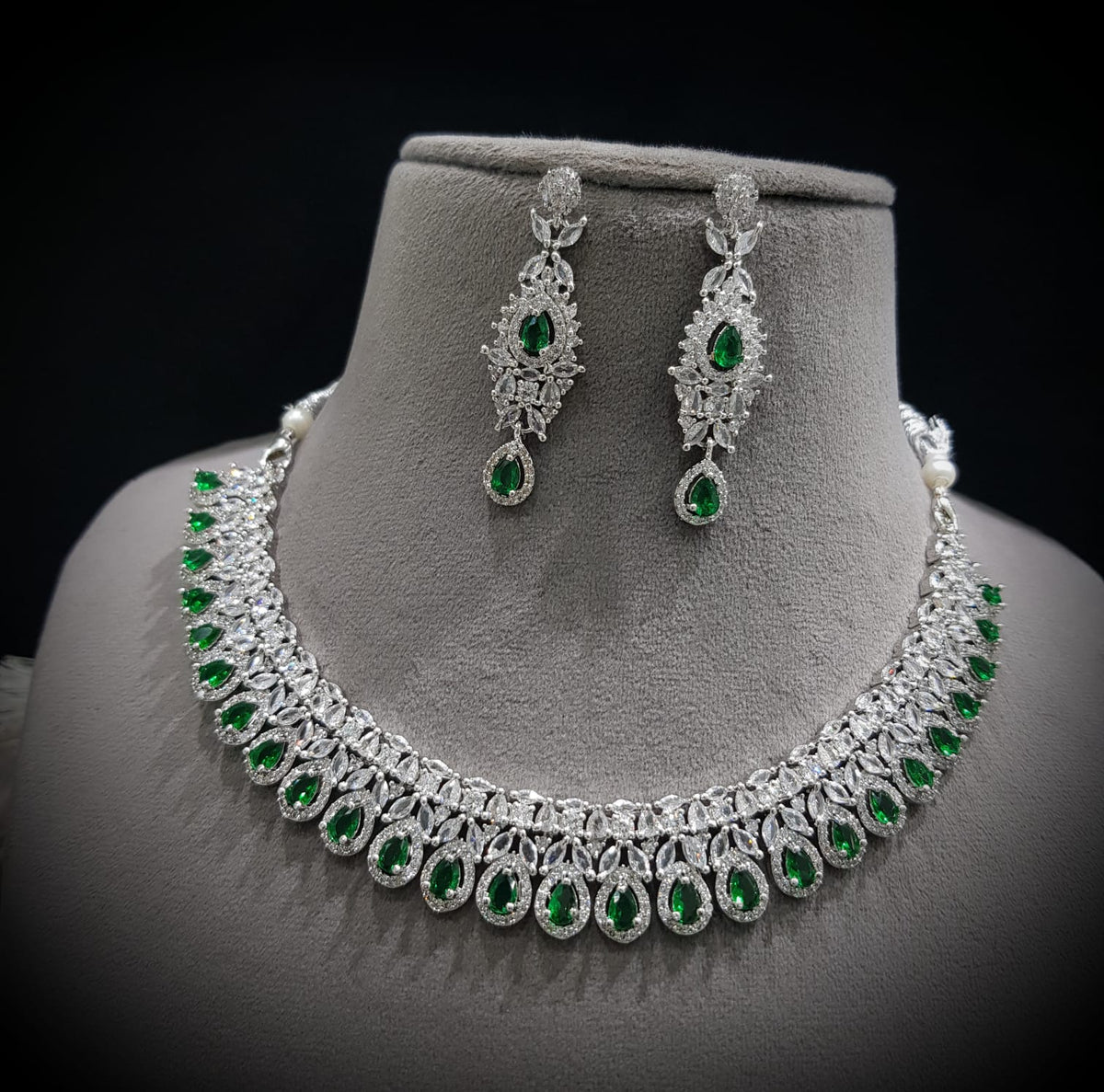Punjabi Silver Plated CZ Choker Earrings Set - CZ Jewelry Set - Libasaa.com