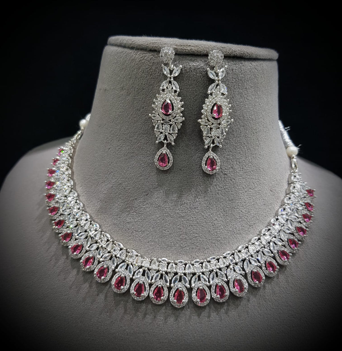 Punjabi Silver Plated CZ Choker Earrings Set - CZ Jewelry Set - Libasaa.com