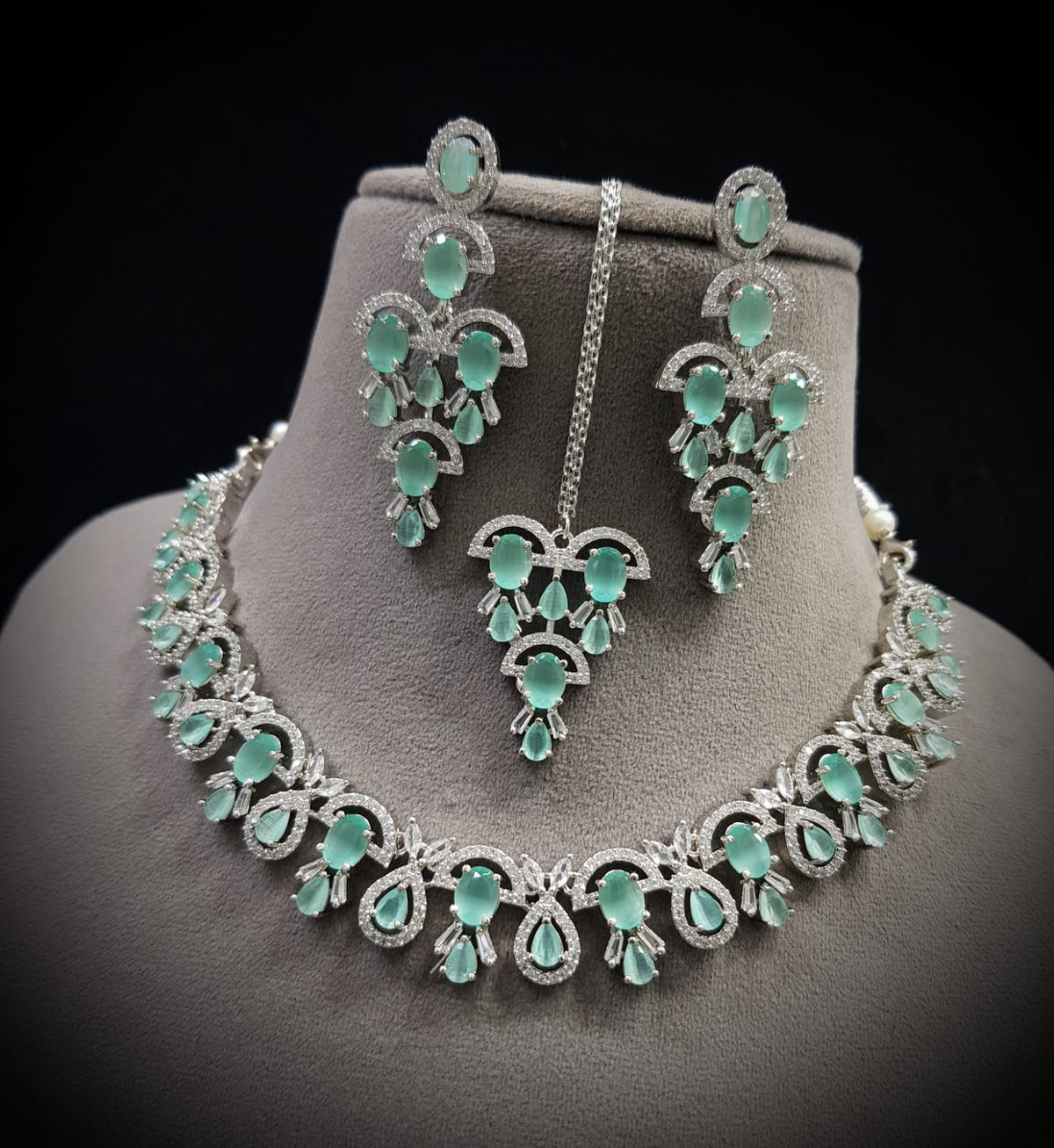 Wedding Silver Tone AD Choker Earring Maangtikka Set - CZ Indian Jewelry Set - Libasaa.com