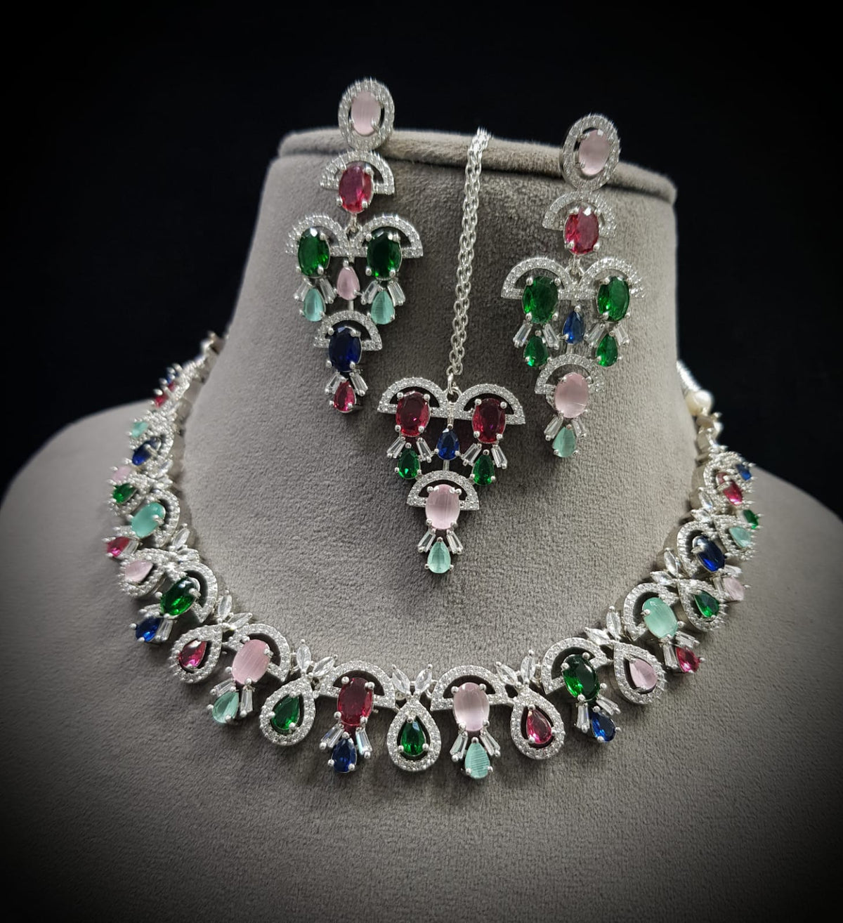 Wedding Silver Tone AD Choker Earring Maangtikka Set - CZ Indian Jewelry Set - Libasaa.com