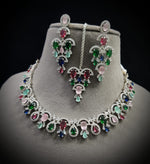 Wedding Silver Tone AD Choker Earring Maangtikka Set - CZ Indian Jewelry Set - Libasaa.com
