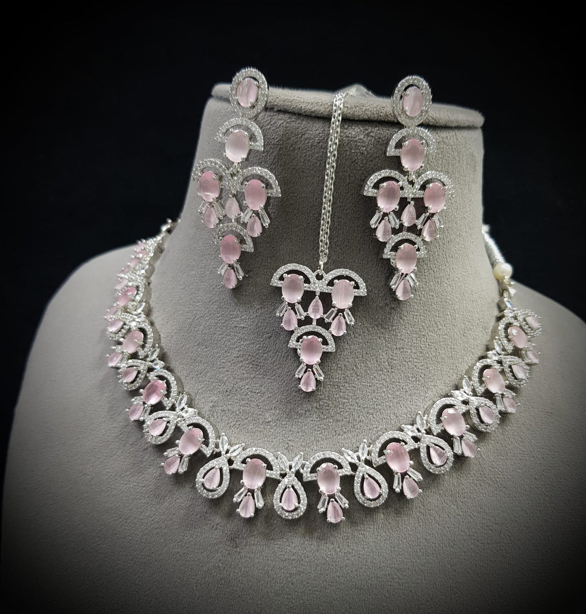 Wedding Silver Tone AD Choker Earring Maangtikka Set - CZ Indian Jewelry Set - Libasaa.com