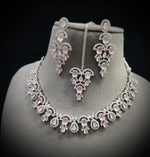 Wedding Silver Tone AD Choker Earring Maangtikka Set - CZ Indian Jewelry Set - Libasaa.com