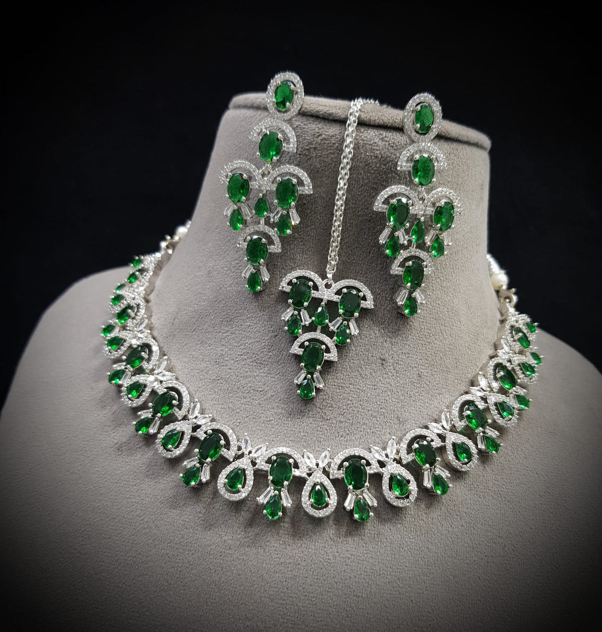 Wedding Silver Tone AD Choker Earring Maangtikka Set - CZ Indian Jewelry Set - Libasaa.com