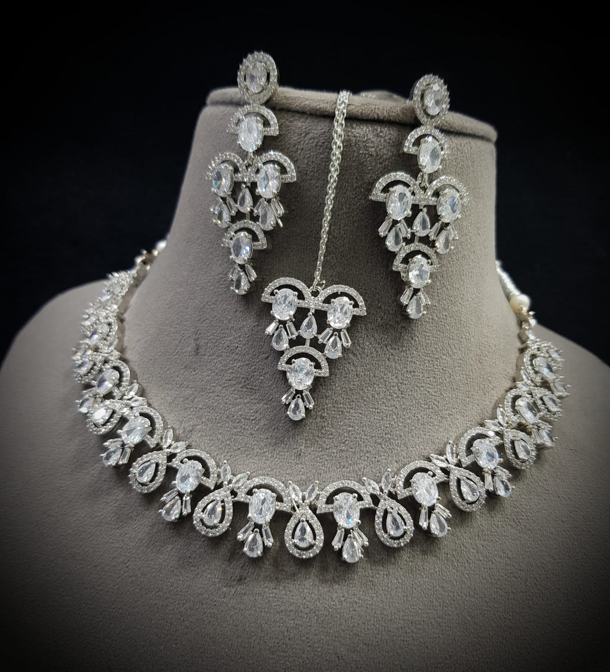 Wedding Silver Tone AD Choker Earring Maangtikka Set - CZ Indian Jewelry Set - Libasaa.com