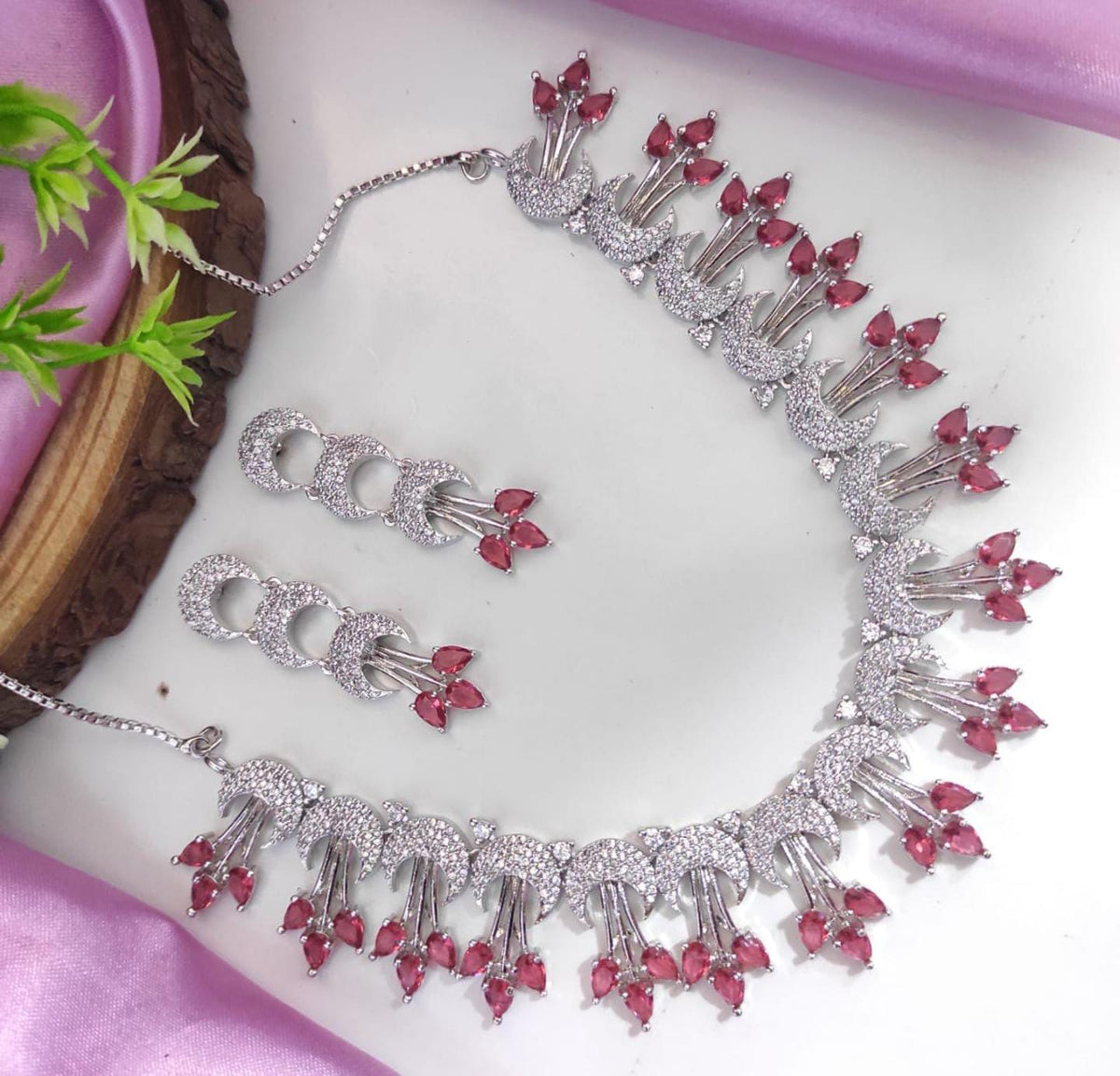 Pakistani Silver Plated CZ Choker Earrings Set - Pakistani AD Jewelry Set - Libasaa.com