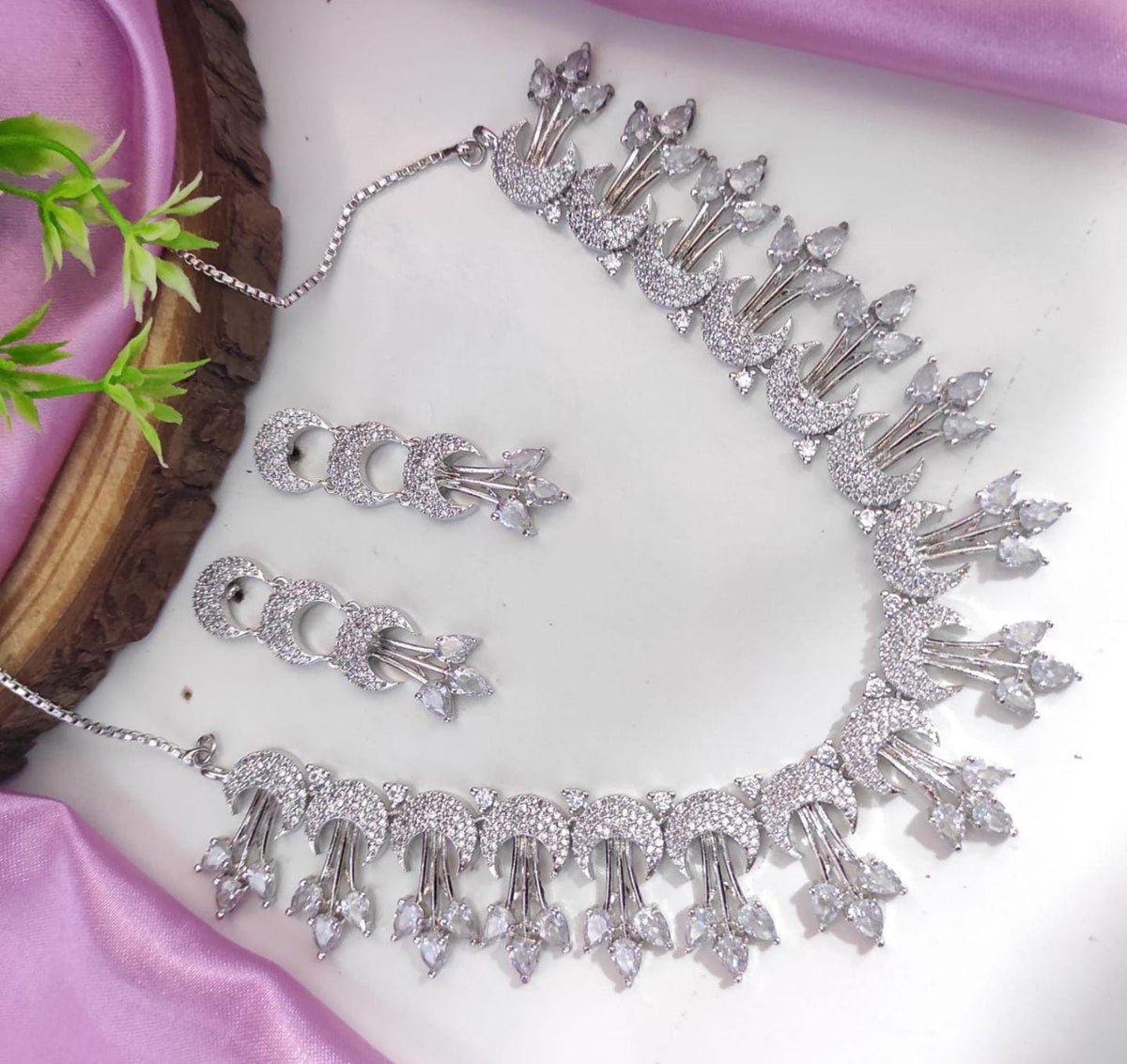 Pakistani Silver Plated CZ Choker Earrings Set - Pakistani AD Jewelry Set - Libasaa.com