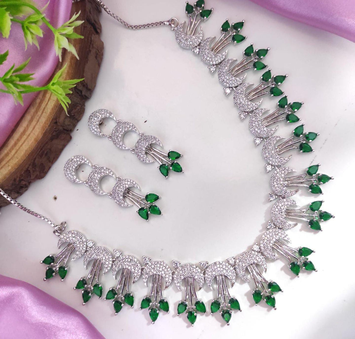 Pakistani Silver Plated CZ Choker Earrings Set - Pakistani AD Jewelry Set - Libasaa.com