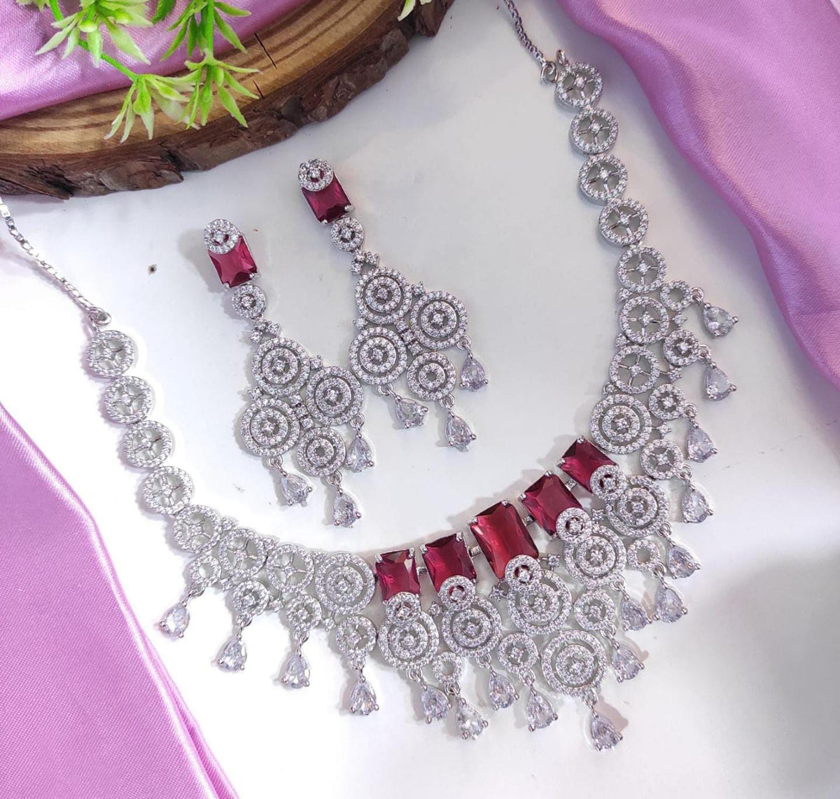 Layered CZ Silver Indian Choker Earrings Set For Women - AD Choker Set - Libasaa.com