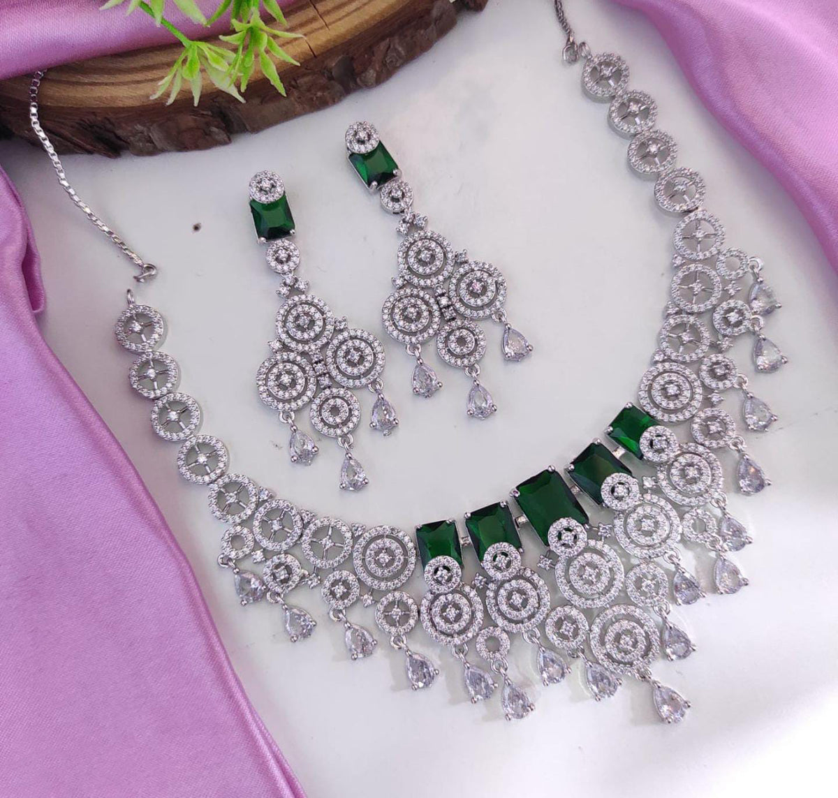 Layered CZ Silver Indian Choker Earrings Set For Women - AD Choker Set - Libasaa.com