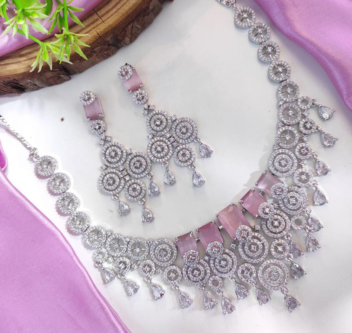 Layered CZ Silver Indian Choker Earrings Set For Women - AD Choker Set - Libasaa.com